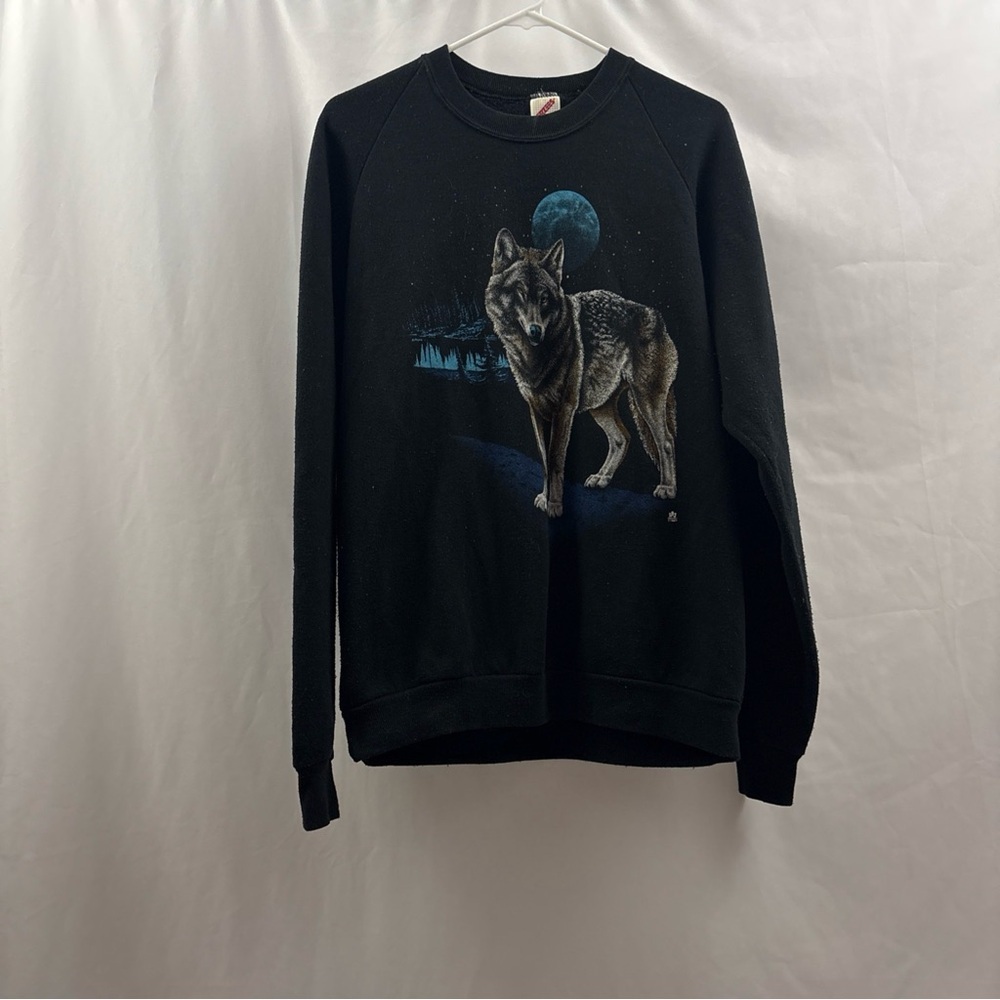 Vintage Jerzees Graphic Wolf Moon Sweatshirt Crewneck Black LSJ 1987 Size XL